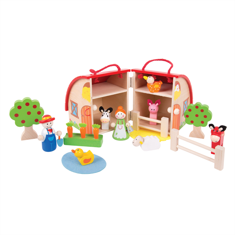 fattoria di legno in valigetta, giocattoli in legno